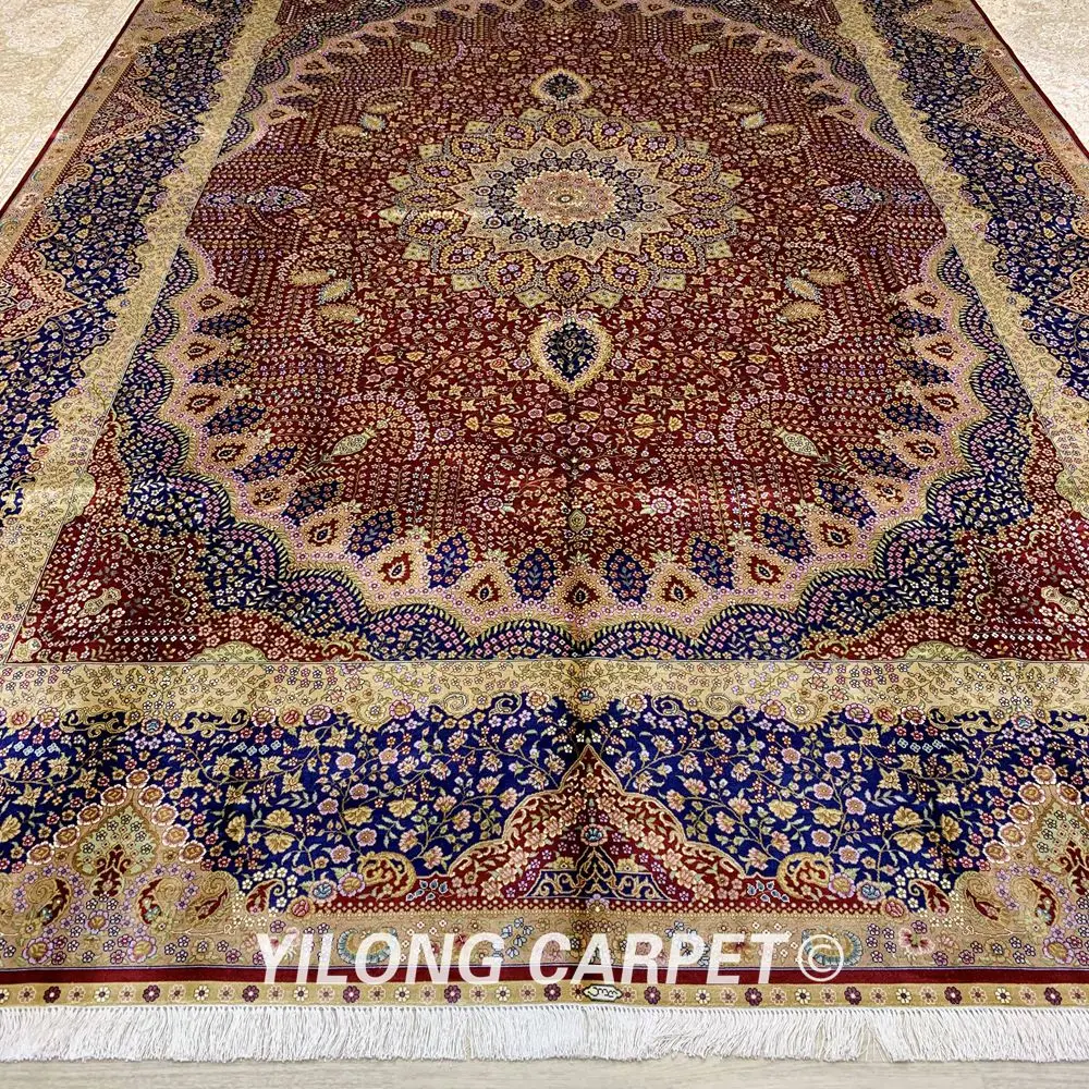 YILONG 9 2 &quotx 12 8&quot Персидский большой шелковый ковер ручной работы красный медальон