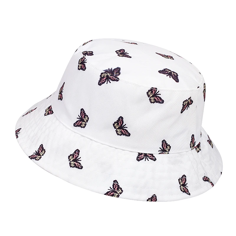 New Korean Unisex Summer Foldable Bucket Hat White Harajuku Butterfly Printed Fisherman's Hat Outdoor Sun Fishing Panama Hats