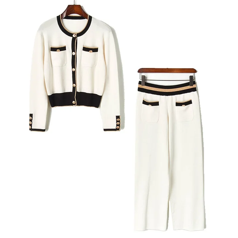 Подиумный женский костюм модный однобортный вязаный укороченный Топ свитер кардиган+ Высокая талия широкие брюки комплект из 2 предметов - Цвет: Белый