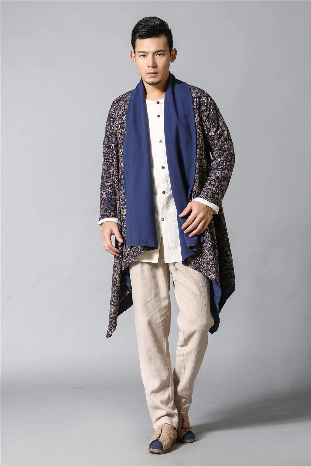 Ma fan bu yi Ethnic-Style Men'S Wear Autumn And Winter Trench Coat Double-sided Wear Floral-Print Mantle Pockets Long Coat