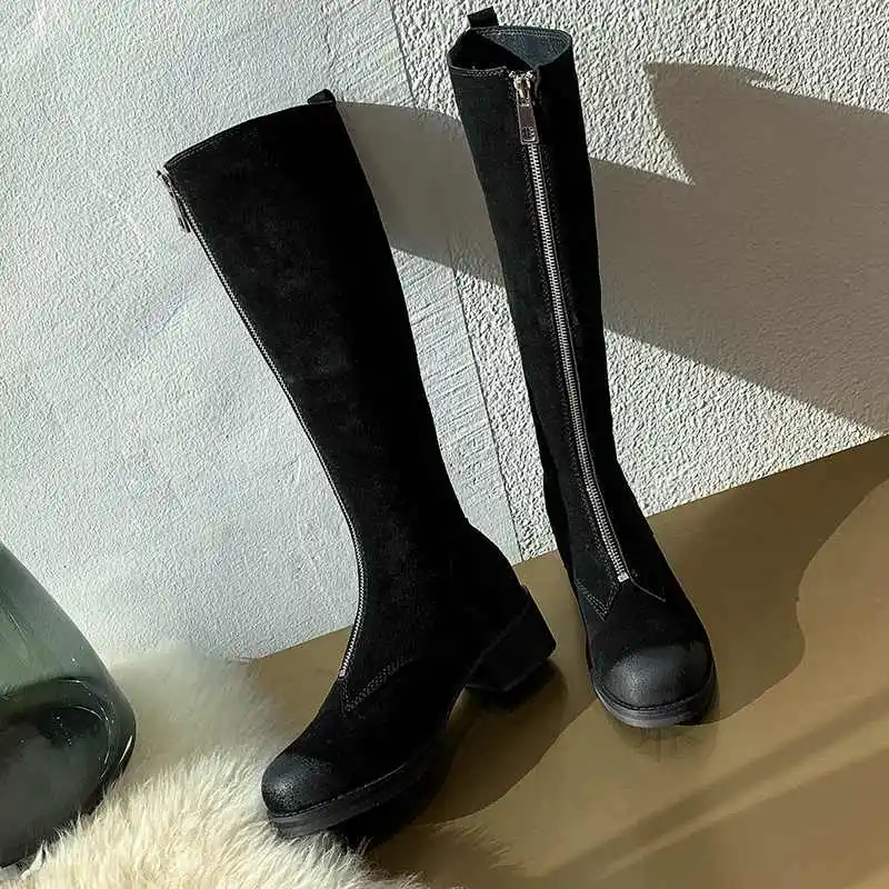 black 2 nubuck Lenkisen/простые Стильные мотоциклетные ботинки зимние теплые женские сапоги до колена из натуральной кожи с круглым носком на среднем каблуке на молнии в стиле рок L9x - Цвет: black 2 nubuck