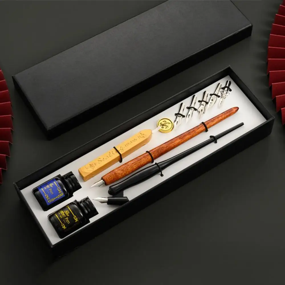 

Brand New Vintage Dip Pen Fountain Writing Ink 5 Nibs Wax Seal Stamp Gift Box Calligraphy Stationery School Supplies