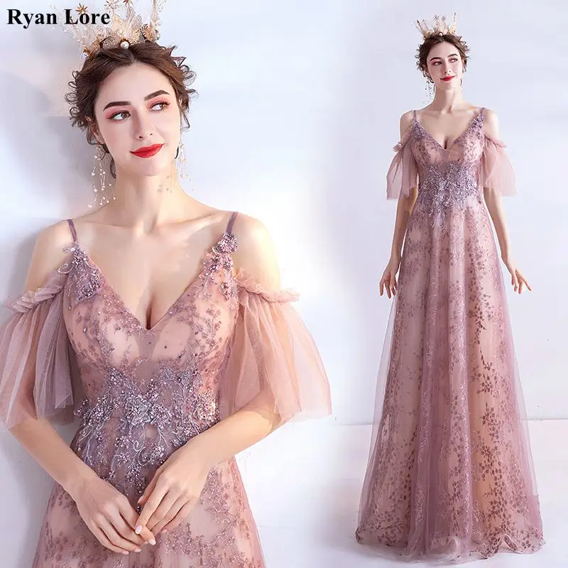 

Pink Women A-Line Prom Dresses 2020 Elegant Formal Long Evening Gowns Spaghetti Straps Sequins Tulle Night Party Robe De Soiree