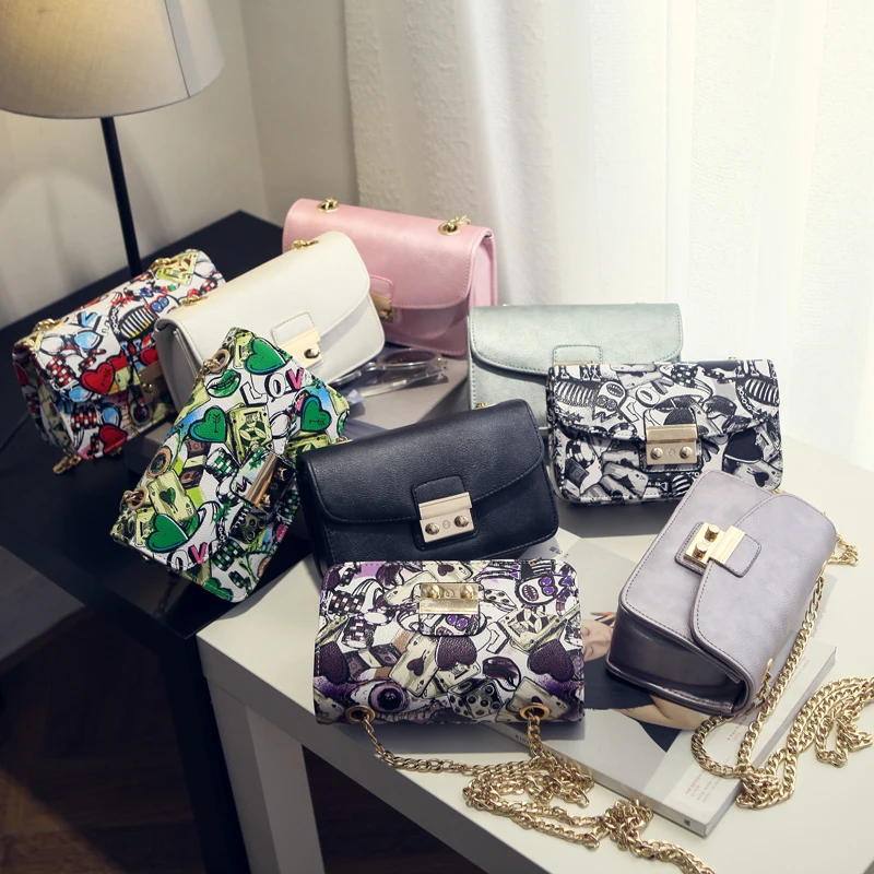 

CASMOR Women Leather 2019 Fashion Handbags Ladies Designer Graffiti Handbags High Quality PU Chain Mini Bag Shoulder Bags Purses