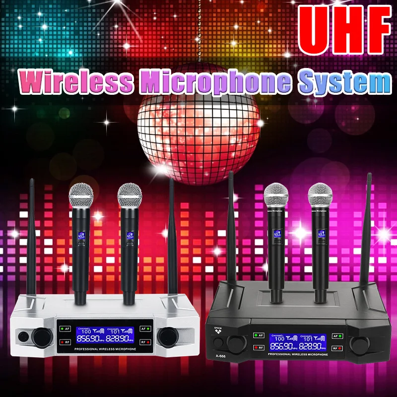 Эффективная UHF Беспроводная микрофонная система 2 канала 2 беспроводные ручные микрофон Kraoke вечерние принадлежности кардиоидный микрофон