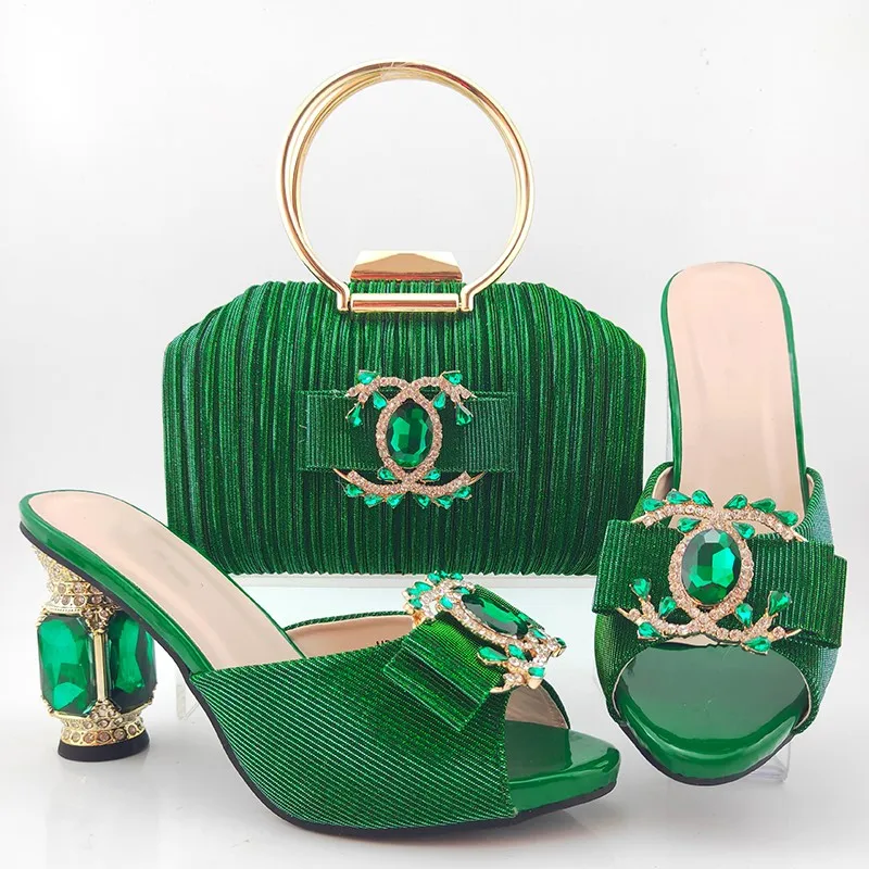 Hot sale pink women pumps with big crystal heel style african dress shoes match handbag set MD017,heel 10CM - Цвет: green