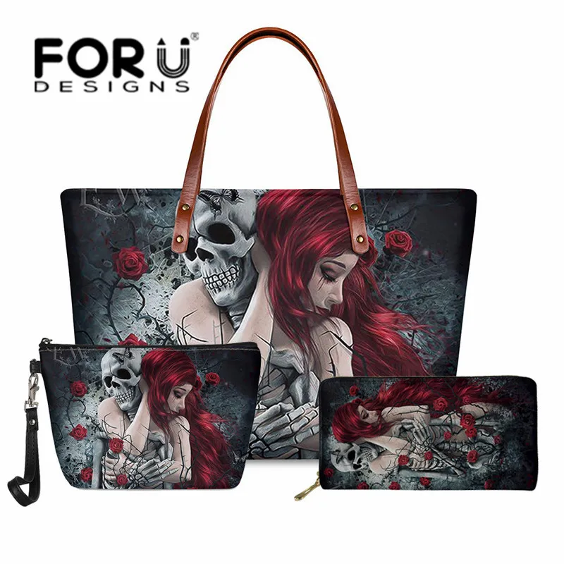 

FORUDESIGNS 3 шт./комплект брендовая дизайнерская большая сумочка день мертвецов сахарная Роза женский кожаный кошелек сумка через плечо комплект