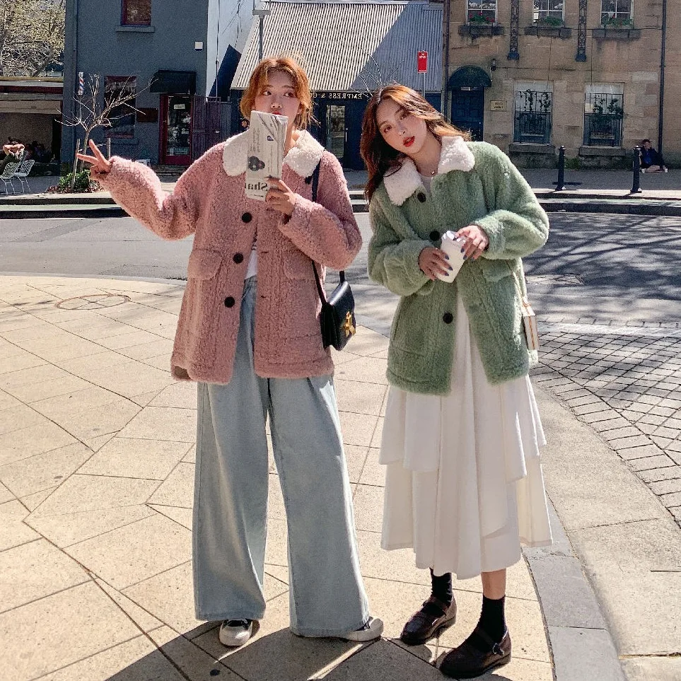 

Photo Shoot INS Cute Lambs Wool Mid-length Loose-Fit Contrast Color Fold-down Collar Single Breasted Best Friend Woolen Coat Wom