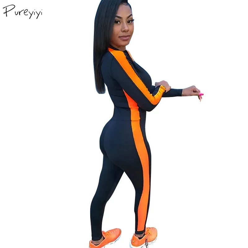 

Women Jumpsuit Sportswear Autumn Full Sleeve Female Romper Striped Patchwork Lady Running Yoga Gym Workout Outwear Bodysuit