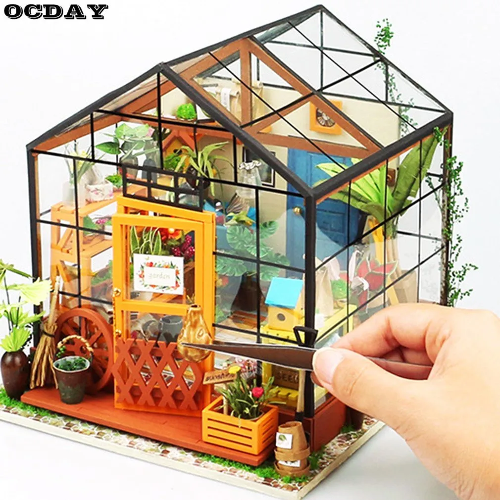 3D деревянные головоломки DIY мебель ручной работы миниатюрный кукольный домик модель здания украшение дома зеленый дом дерево ремесло подарок для детей