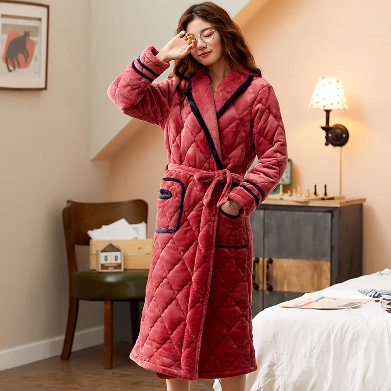 

High Quality Female Elegant Winter Warm Bathrobe Women Cotton with Flannel Warm Dressing Gown Negligee Home Clothing