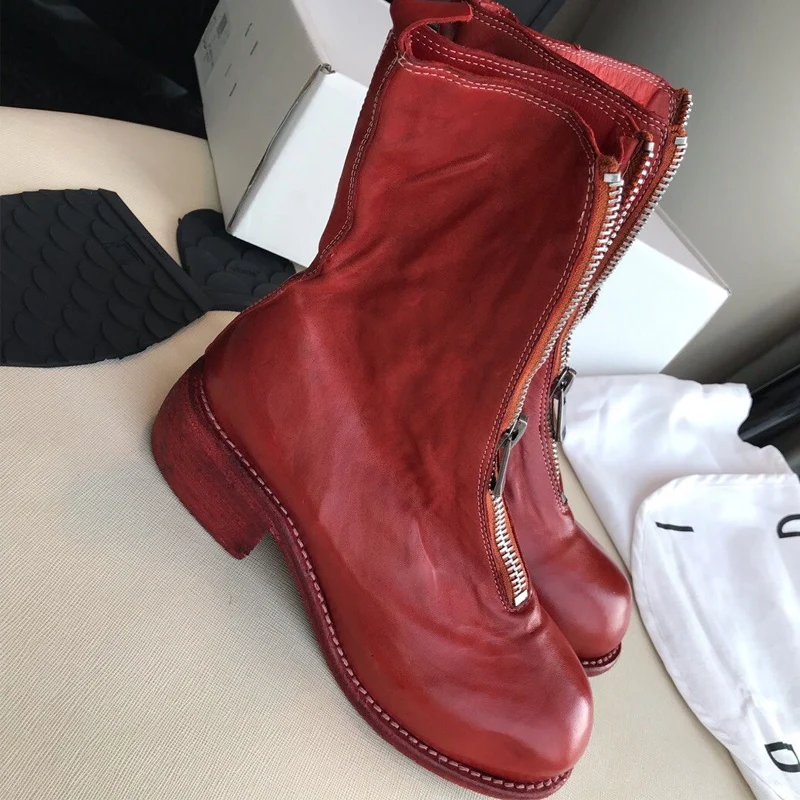 designer round toe leather short boots women low heel motorcycle boots high quality front zip martin ankle boots for women