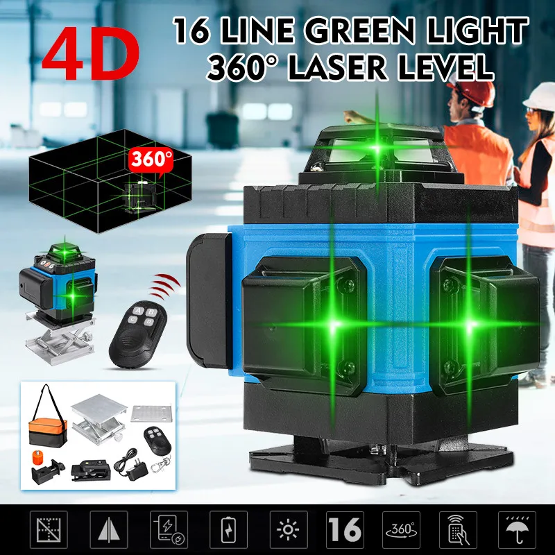 4D 16 зеленых линий лазерный уровень Высокая точность самонивелирующийся 360 горизонтальный и вертикальный крест Открытый Мощный лазерный луч линии