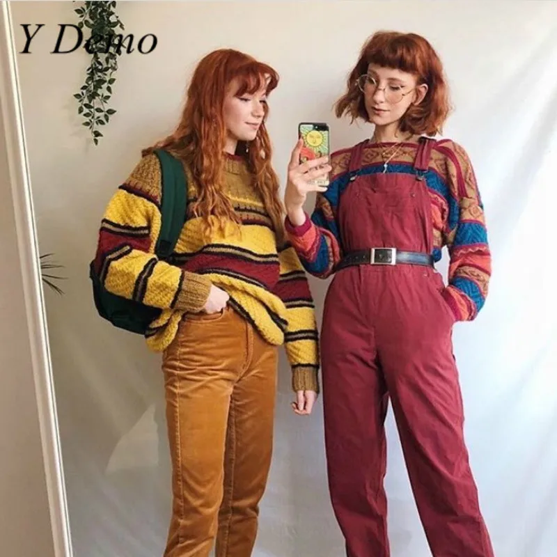 Y Demo Casual Women O Neck Sweater Colorful Striped Long Sleeve Grunge Pullover Female Autumn | Женская одежда