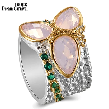 

DreamCarnival 1989 Top Selling Tri-Zircon Ring Two Tones Colors with Pink Zirconia Rough Surface Unique Chic Jewelry WA11736