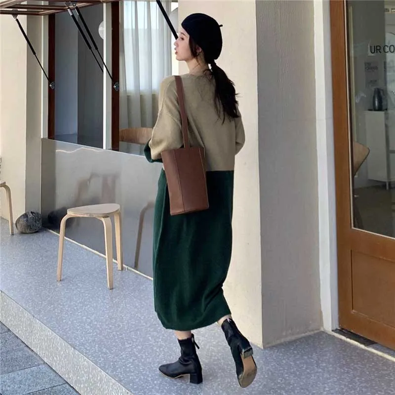 2020 Sweater Dress Women Autumn Winter Fashion One-Piece Long Sleeve Colorblock Dress Korean Lady Plus Size Loose Knitted Dress