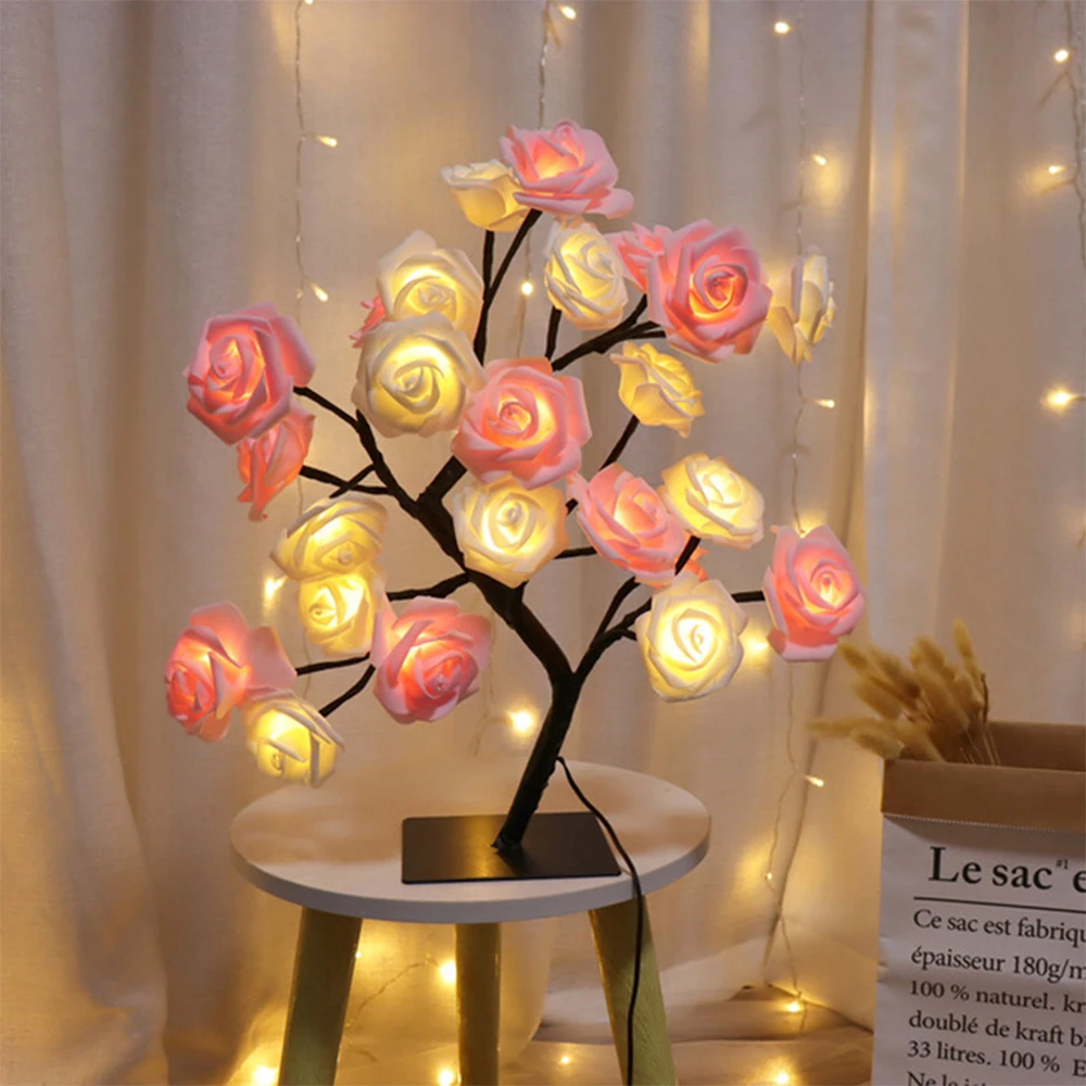 LED Table Lamp Rose Flower USB Night Light Bedside For CHRISTMAS Home Decor Desk 