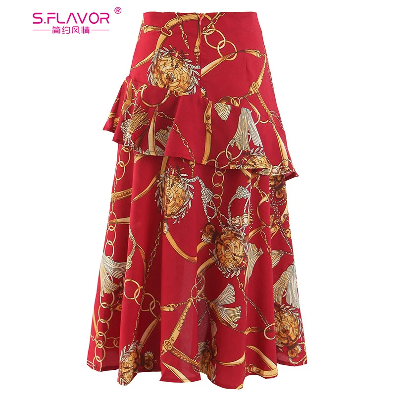 

S.FLAVOR 2019 Women Print Midi Skirt New Arrival Female Casual A line Irregular Skirts Faldas Mujer Bohemian Holiday Beach Skirt