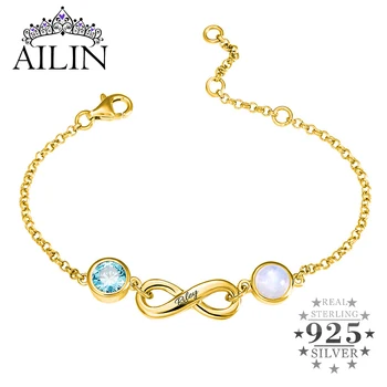 

AILIN Custom Engraving Name Bracelet For Women 925 Silver Infinity Charm Bracelet With Moonstone Birthstone Gold Color Jewelry