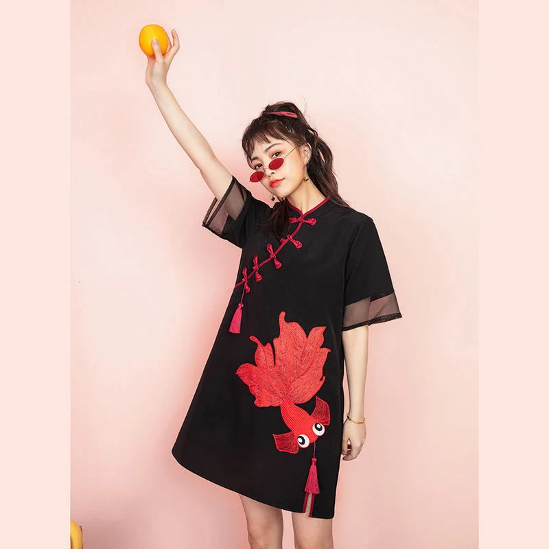 

New Black Qipao Women Red Goldfish Embroidery Cheongsam Chinese Dress Vestido Chino Muje Traditional China Style Robe Orientale