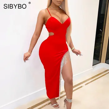 

SIBYBO Diamonds Spliced Split Sexy Long Dress Women Spaghetti Strap Sleeveless Summer Bodycon Dress Backless Club Party Dress