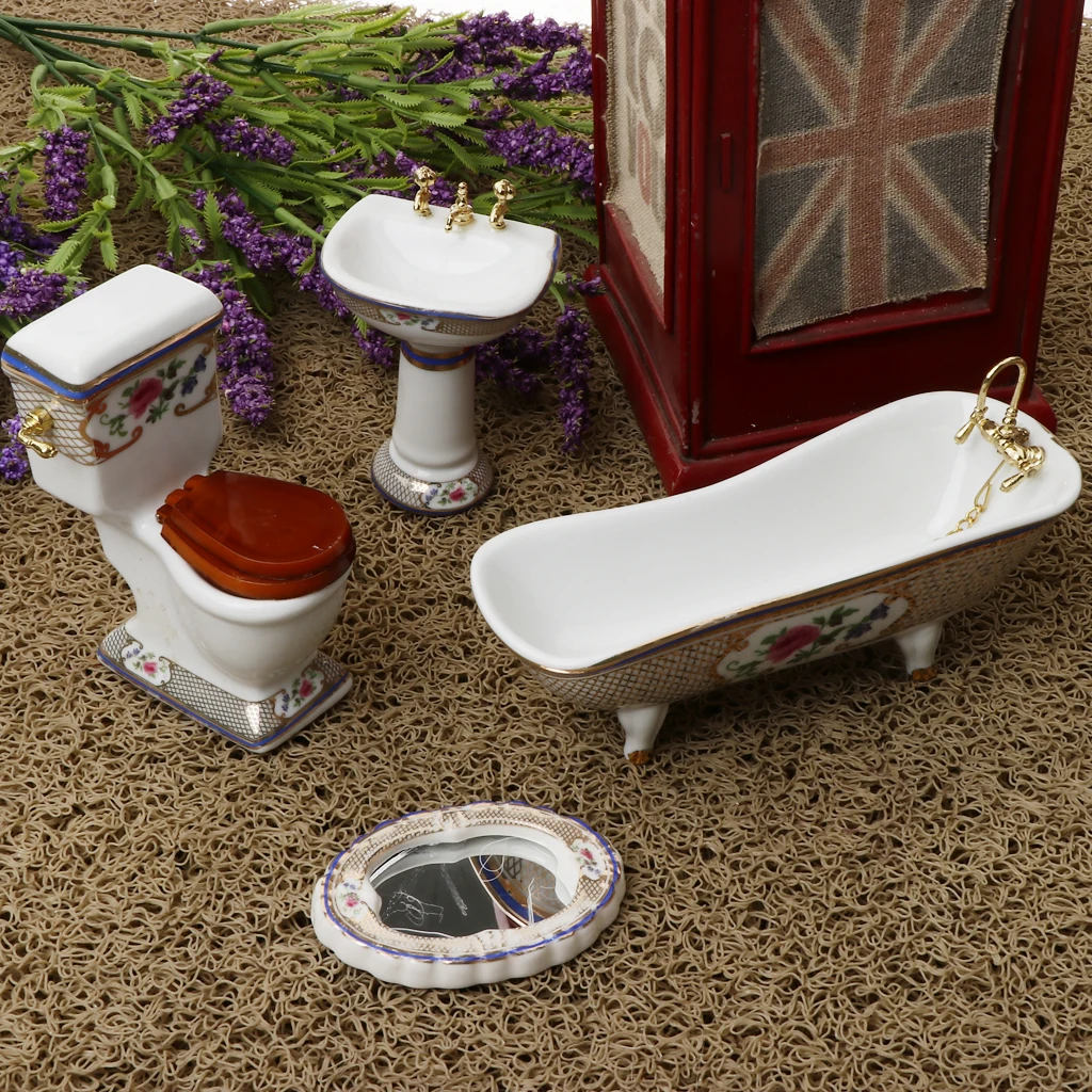 1/12 Dollhouse Miniature Bathroom Furniture Kits Flower Pattern Bathtub and Toilet Set