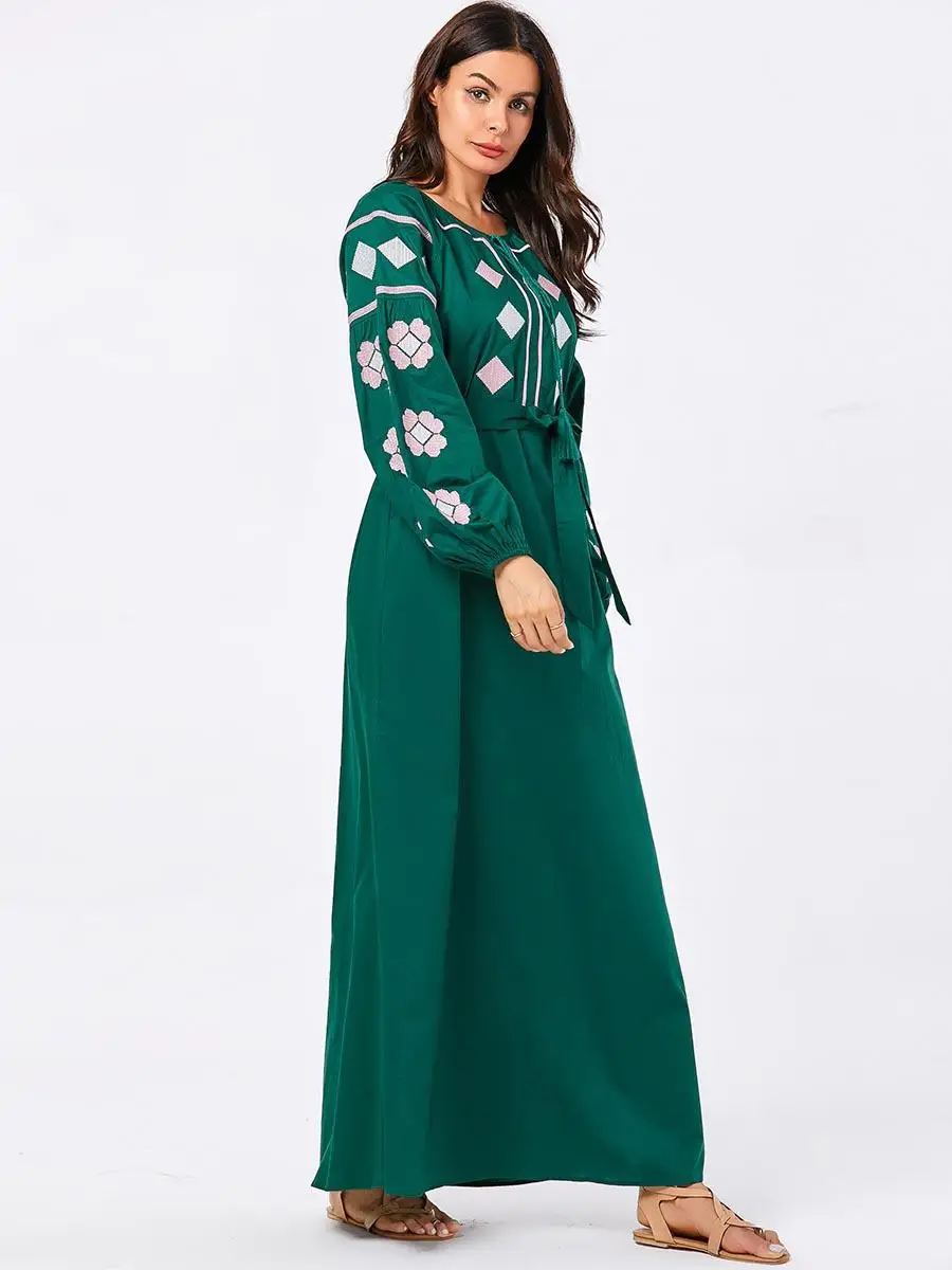 Арабский abaya модное женское длинное платье с вышивкой блуза с поясом мусульманский кафтан jilбаб Повседневная Исламская одежда осень длинный рукав