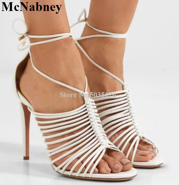 

McNabney Women Sandals Ankle Narrow Rope Strap Lace-Up Stiletto Heel Peep Toe Ladies Sandals Summer Fashion White Women Shoes