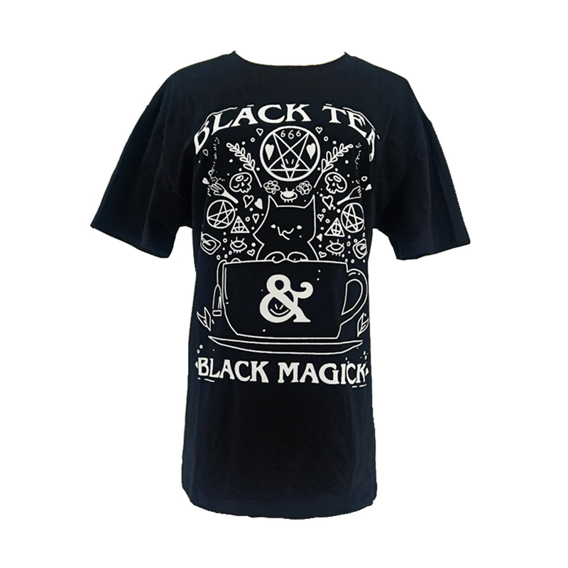 Графические футболки женские черный чай черный Магик ведьма кошка поклонение футболка дьявол уличная гранж Tumblr топы для готической девушки