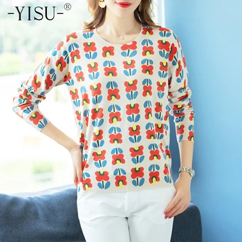 

YISU fashion Knitted sweater Women Autumn Winter pullover O-Neck Long sleeve jumper tops Cartoon Flower Printed sweater Women