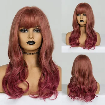 

Blonde Unicorn Long Synthetic Natural Wavy Orange Ombre Wine Red Wig with Bangs Heat Resistant Fiber Hair for Women Daily Wear