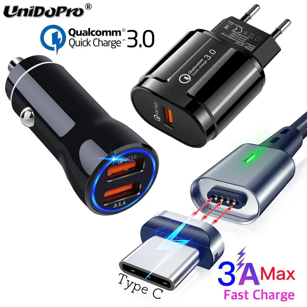 QC 3.0 EU AC Car Charger + 3A Magnetic Type C Cable for Samsung S20 Note 20 Xiaomi Mi 11 10 9T Redmi 9 8T 8 K20 K30 Pro | Мобильные