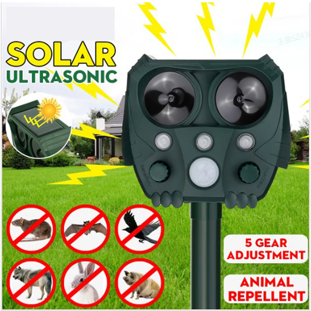 Solar Powered Motion Activated Animal Ultrasonic Cats Dog Repeller Frighten Animals For Outdoor Gardening sonar Repellents | Дом и сад
