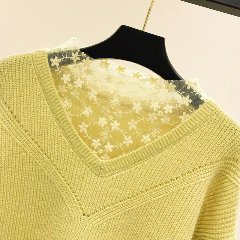 Женские осенние зимние модные кружевные вязаные свитера в стиле пэчворк, женские повседневные теплые пуловеры, женские джемперы, топы N240