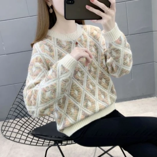 

US Flower Flocking Furry Plush Winnter Pullover O-Collar Warm Sweater Women's Sweaters Women Girl Pull Slim Top Cloth Outer Coat