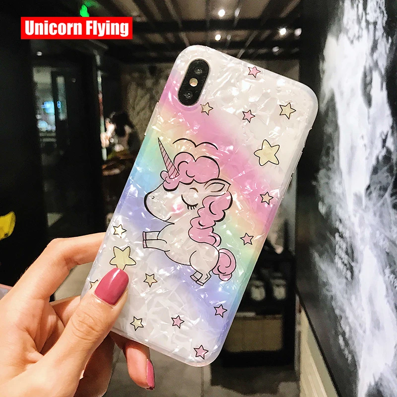 

LinXiang Cartoon Cute Rainbow Unicorn Seashell Glossy IMD Phone Case Back Cover For iphone 6 6s 7 8 Plus X XS Max XR