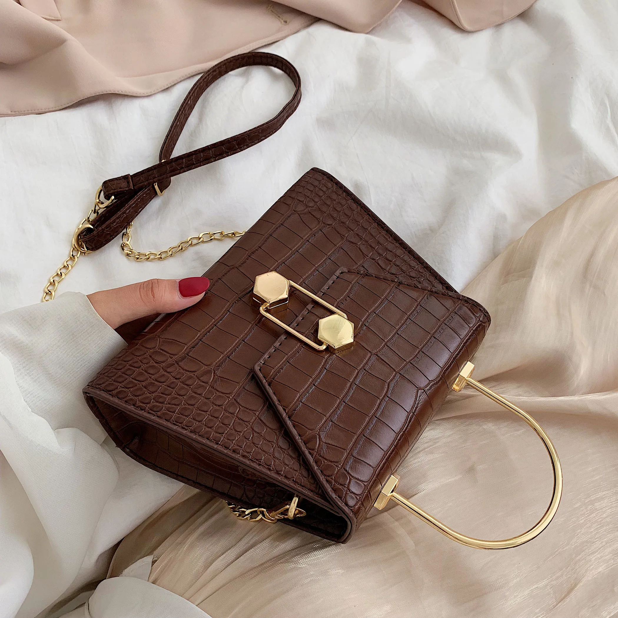 

Chic Stone Pattern Pu Women Handbag Fashion Chain Small Flap Bag Casual Solid Color Crossbody Bag For Lady Metal Handle Handbag