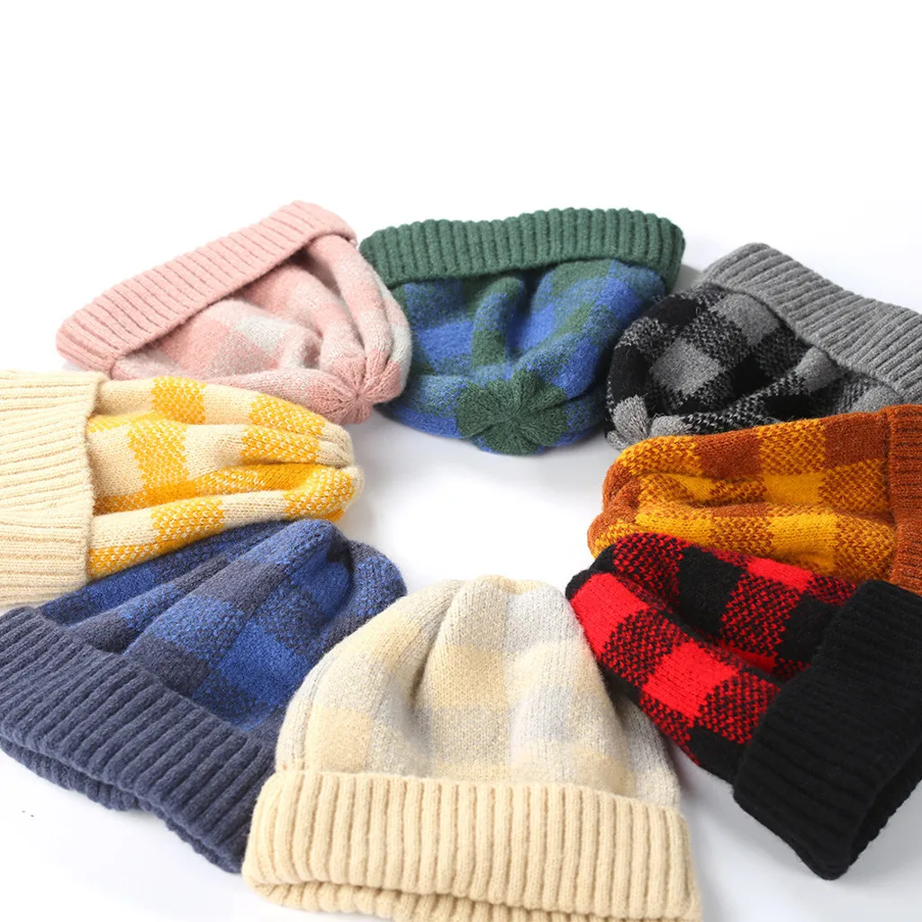 

Hat Parent-child Warm Plaid Soft Knitted Warm Plus Velvet Beanies Outdoor Bonnet Hat For Men Women Child #YL5