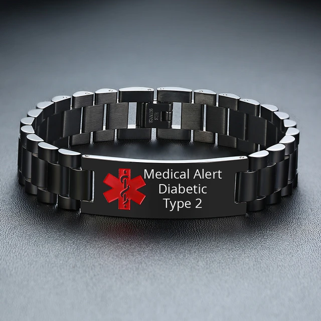 Black Leather Medical Emergency ID Bracelet  Engraved Medical ID Bracelets