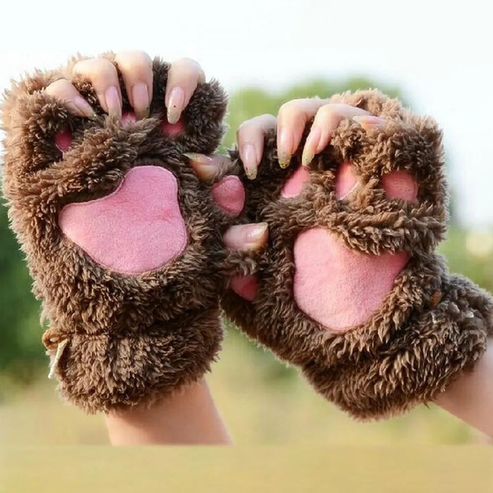 Женские перчатки Красивая кошачья лапа плюшевые варежки теплые мягкие плюшевые короткие без пальцев пушистый медведь кошачьи перчатки половина пальца# YL5