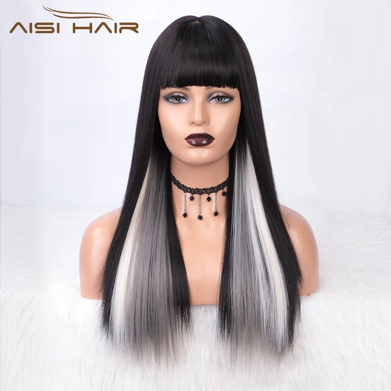 AISI HAIR 24 дюйма прямой длинный парик с челкой смешанный черный и белый термостойкие