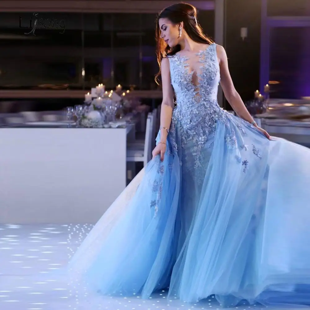Princess Sky Blue 3D Flower Long Evening Dresses With Detachable Train Lace Beaded Mermaid Prom Gowns Tutu Formal 2019 | Свадьбы и