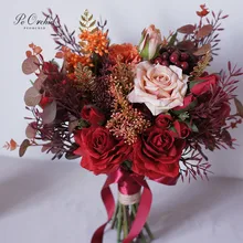 PEORCHID винтажный бордовый Свадебный букет из роз Искусственные цветы для украшения свадебный Золотой Букет