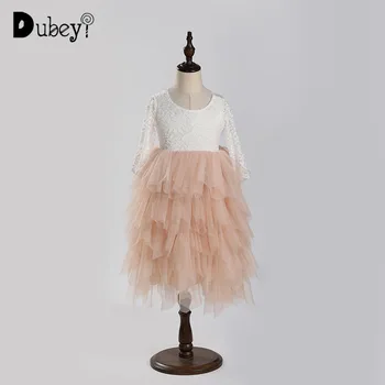 

Flower Girl Lace Long Sleeve Five Layers Princess Dress Elegant Kids Lace Tiered Tulle Wedding Bridal Children Princess Costumes