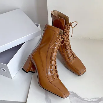 

High Heel Short Boots Women Shoes Zip Cross Tied Mid-Calf Boots Square Toe Block Heels Boots Lady Autumn Black Brown 40
