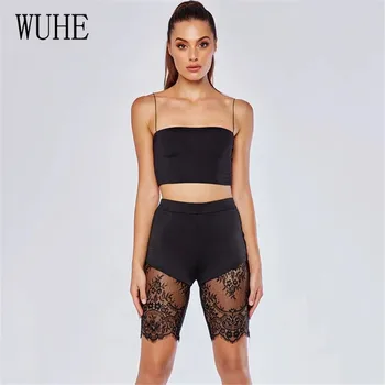 

WUHE Sexy Spaghetti Strap Lace Patchwork Jumpsuits Women Off Shoulder Two Pieces Set Black Bodycon Bandage Party Short Playsuits
