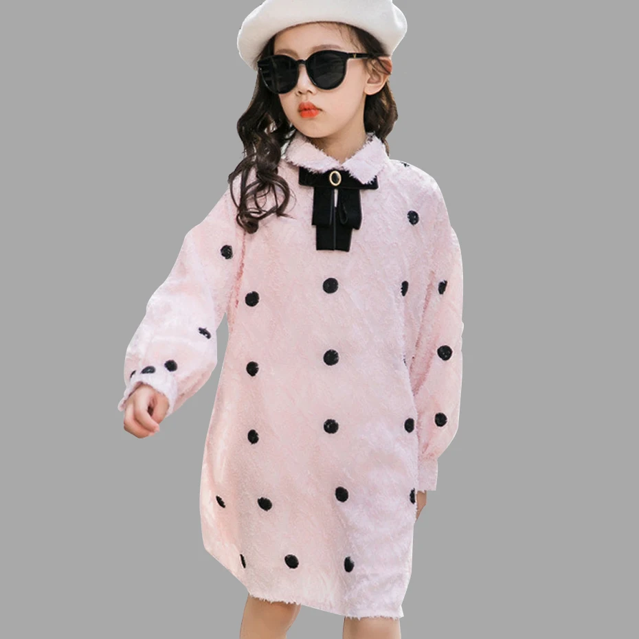 Girl Dress Dot Velvet Thick Warm Loose Child With Bow Fashion Fall Kids Winter Clothes For Girls Christmas Gift | Детская одежда и