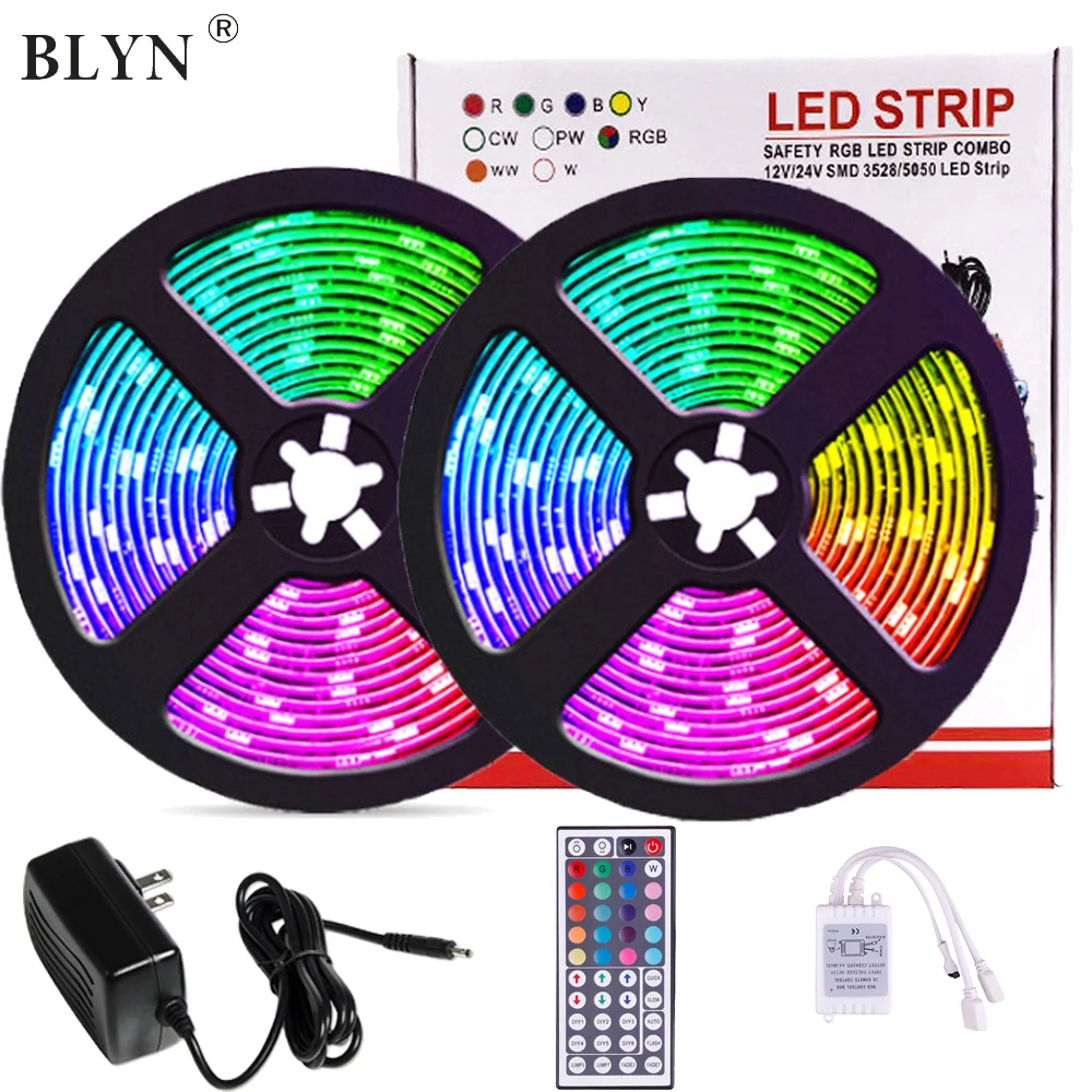 

Led Strip Lights 32.8ft 10m with 44 Keys IR Remote and 12V Power Supply Flexible Color Changing 5050 RGB 300 LEDs Light Strips