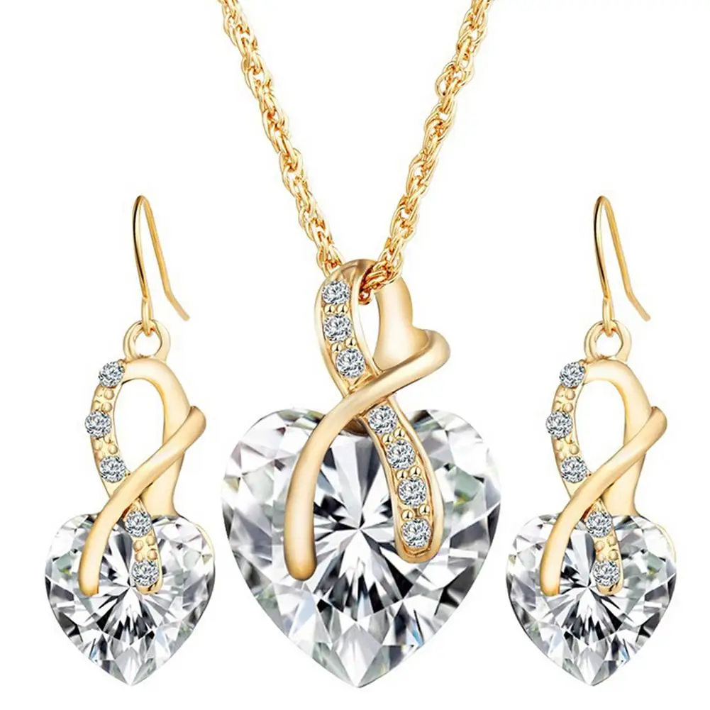 Elegant Jewelry Set Women Love Heart Cubic Zirconia CZ Wedding Necklace Earrings | Украшения и аксессуары