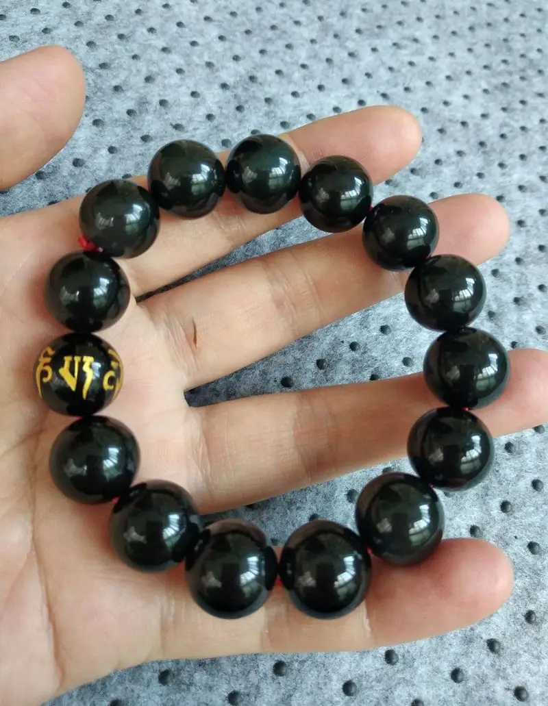 

16mm Nature shine obsidian mala bead bangle bracelet The Six Syllable Mantra Amulet Lucky Bless